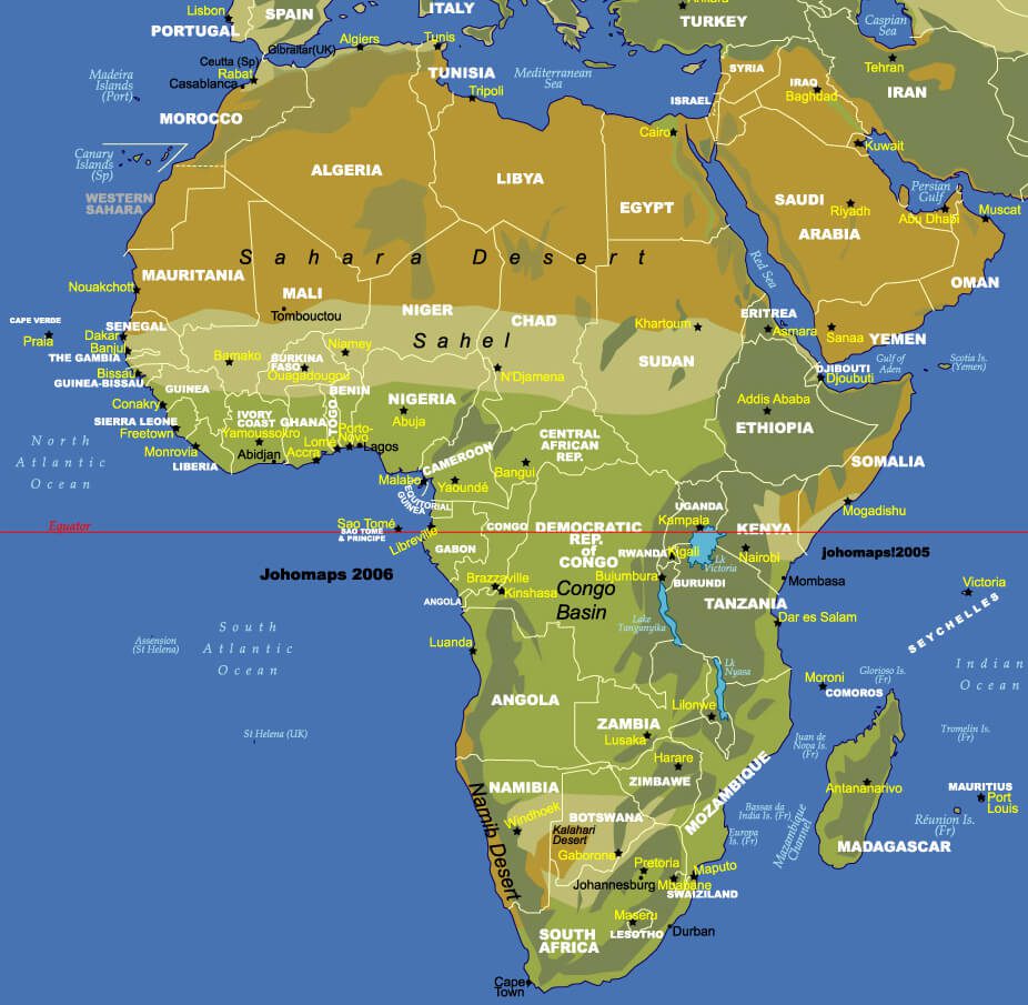 Africa Map Highlighting the Sahara Desert and Major Geographic Features
